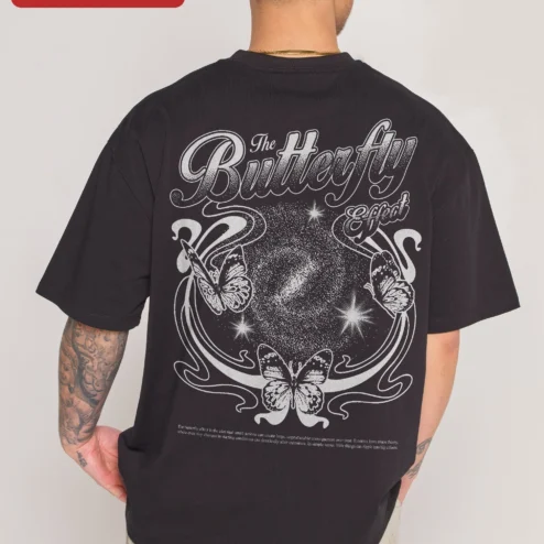 The Butterfly Effect Tee Vintage Script Graphic Shirt Women Oversized Streetwear on a hanger, ready to ship from Chicago, Illinois