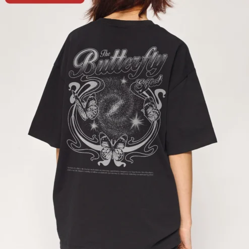 Close-up of The Butterfly Effect Tee Vintage Script Graphic Shirt Women Oversized Streetwear for streetwear fans in Chicago, Illinois