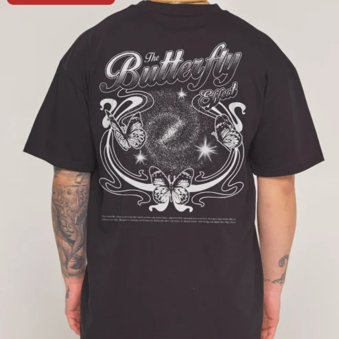The Butterfly Effect Tee Vintage Script Graphic T-Shirt for Women on a hanger, ready to ship from Chicago, Illinois