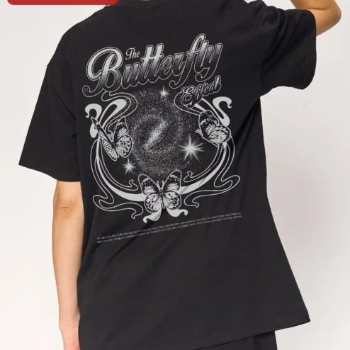 Close-up of The Butterfly Effect Tee Vintage Script Graphic T-Shirt for Women for streetwear fans in Chicago, Illinois