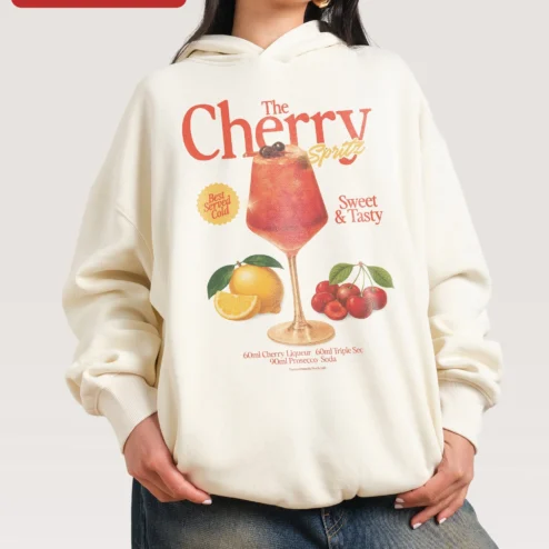 The Cherry Spritz Hoodie Sweet Tasty Best Served Cold Cocktail Lover Gift on a hanger, ready to ship from Chicago, Illinois