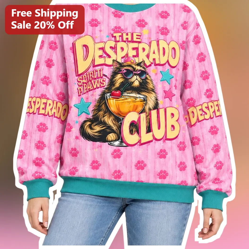 The Desperado Club Spirit Paws Funny Persian Cat Sweatshirt Retro Y2K Pink Crewneck Gift for Cat Lovers