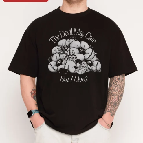 The Devil May Care But I Don't Graphic Tee Funny Dark Humor Cartoon Devil Shirt