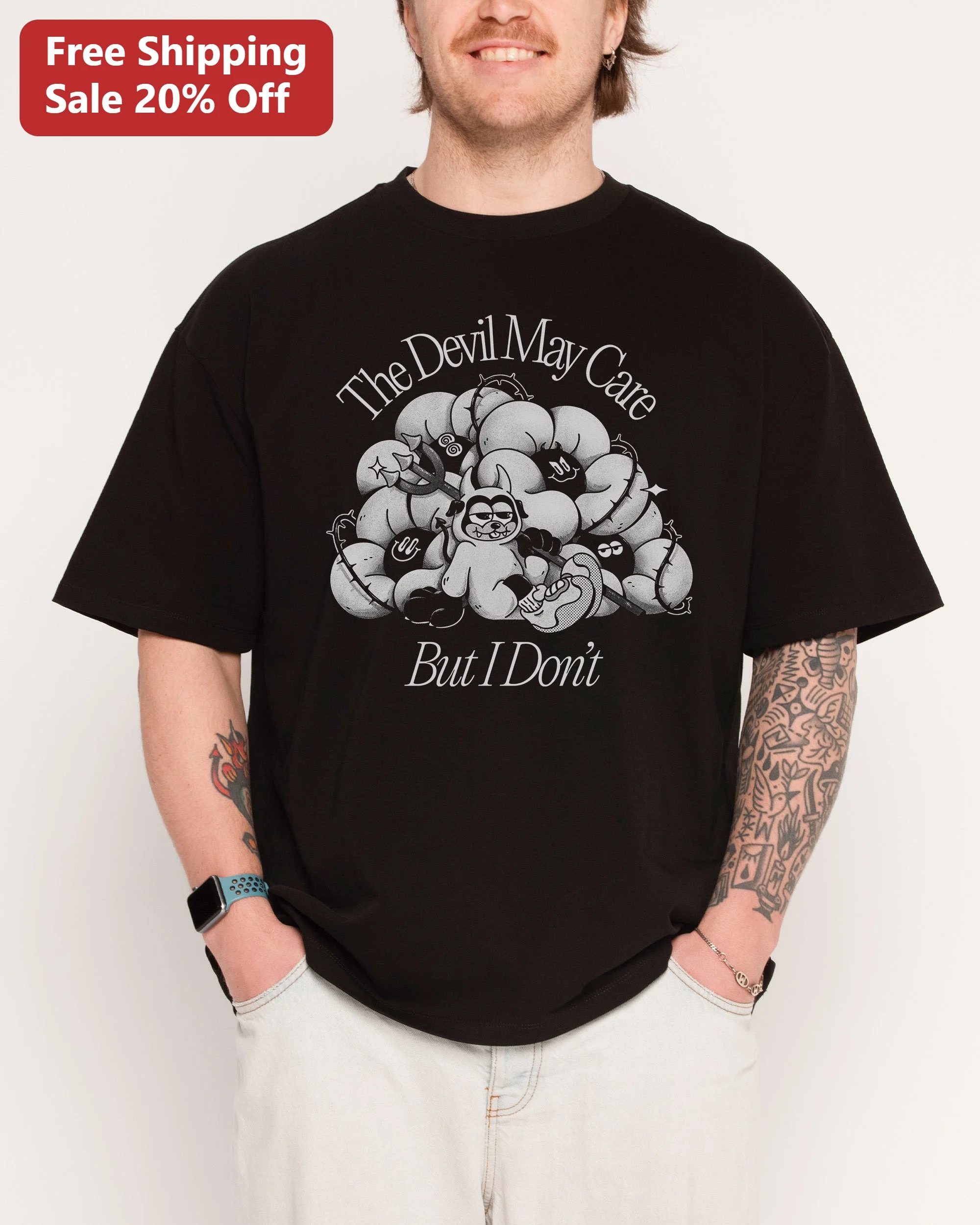The Devil May Care But I Don't Graphic Tee Funny Dark Humor Cartoon Devil Shirt