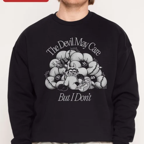 The Devil May Care But I Don't Sweatshirt Retro Cartoon Graphic Crewneck Funny Gift