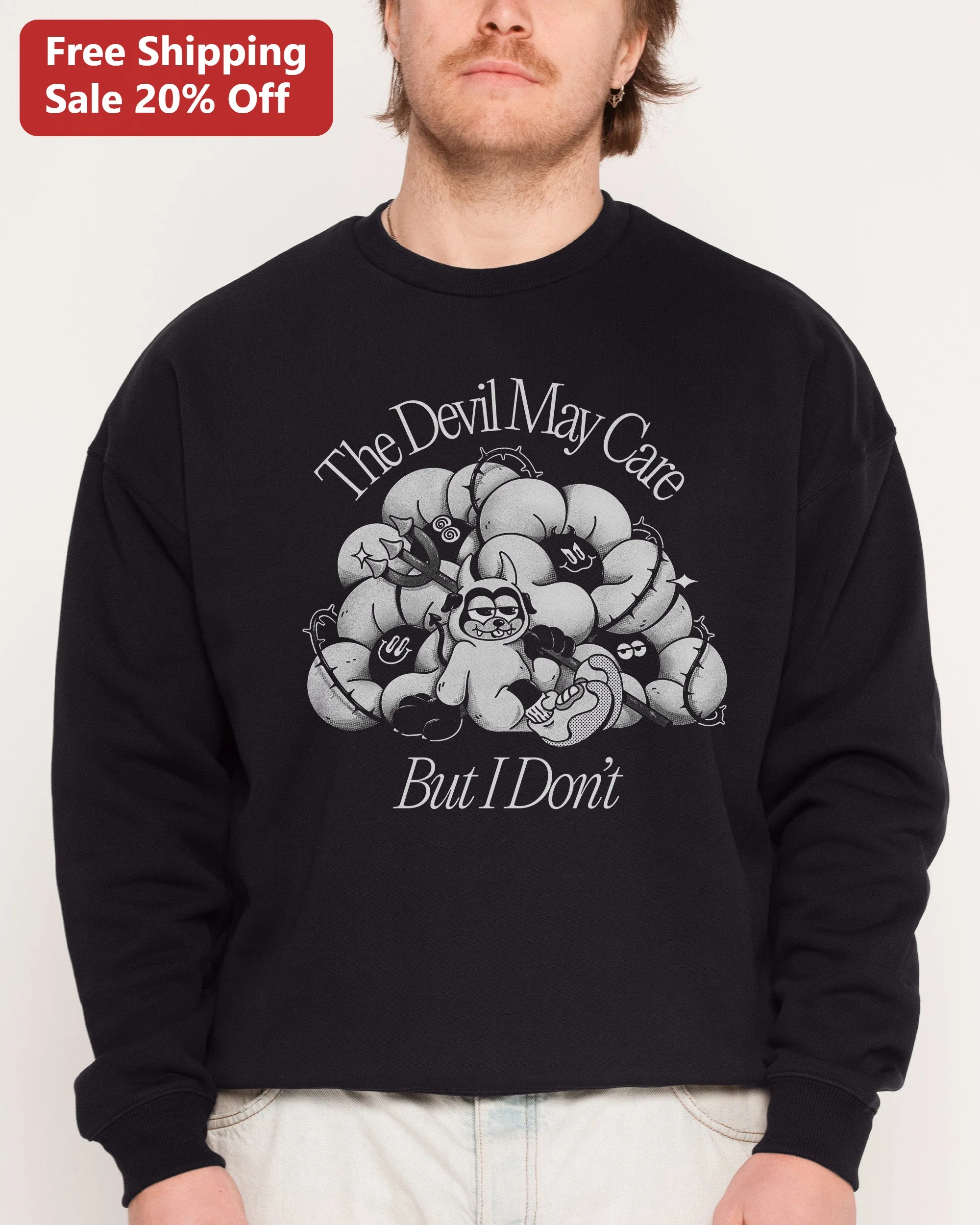 The Devil May Care But I Don't Sweatshirt Retro Cartoon Graphic Crewneck Funny Gift
