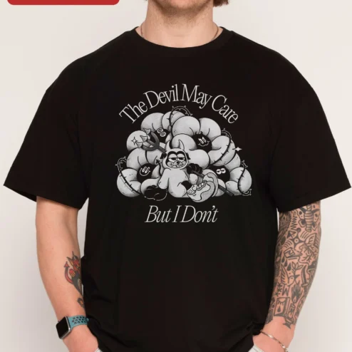 The Devil May Care But I Don't Vintage Cartoon Skull Graphic Tee