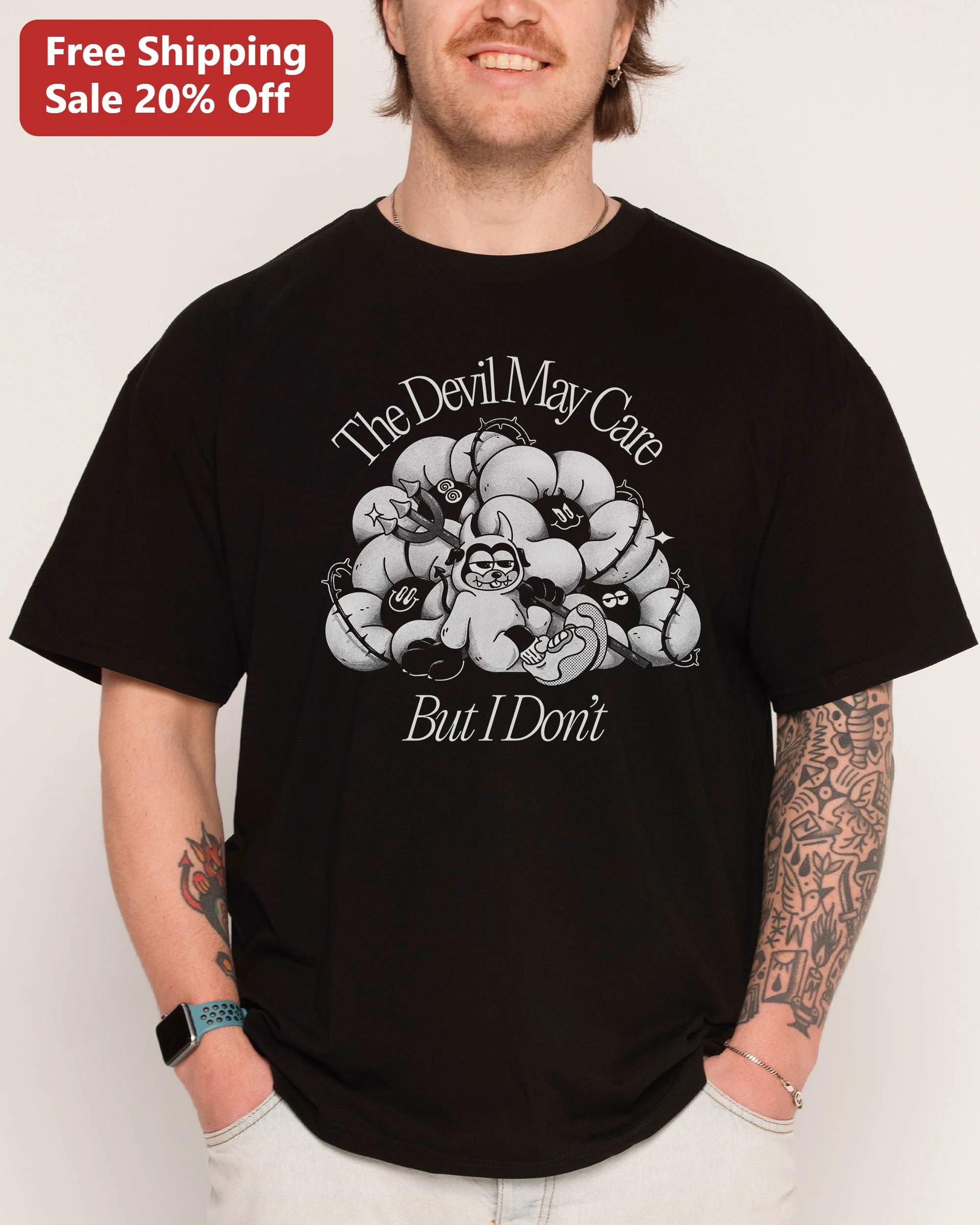 The Devil May Care But I Don't Vintage Cartoon Skull Graphic Tee