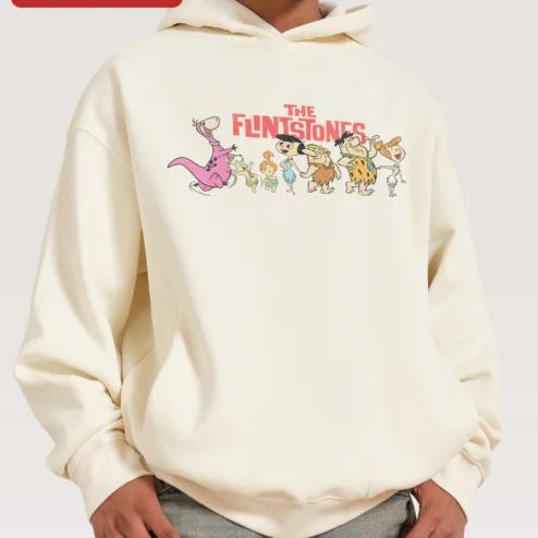 Close-up of The Flintstones Hoodie Official Bedrock Gang Cartoon Merch Retro Pop Culture Pullover for streetwear fans in Chicago, Illinois
