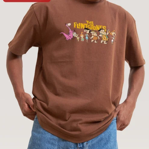 The Flintstones Vintage Cartoon Characters Graphic Tee Retro Pop Culture Gift on a hanger, ready to ship from Chicago, Illinois