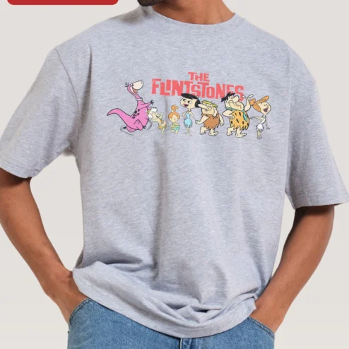 Close-up of The Flintstones Vintage Cartoon Characters Graphic Tee Retro Pop Culture Gift for streetwear fans in Chicago, Illinois