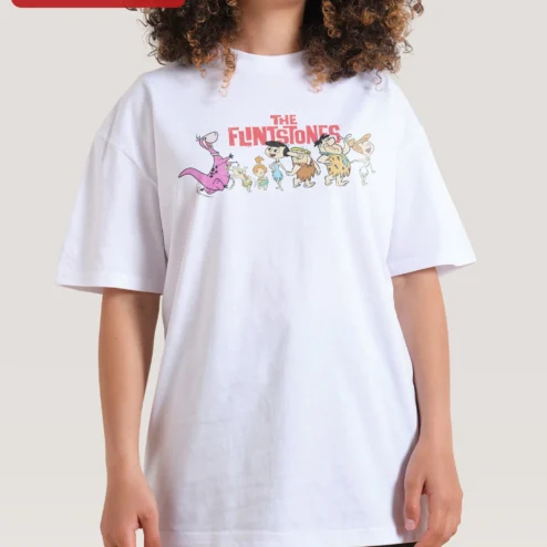 Close-up of The Flintstones Vintage Cartoon Characters Graphic Tee Retro Pop Culture Gift for streetwear fans in Chicago, Illinois