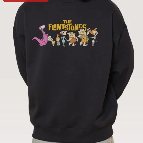 The Flintstones Vintage Crewneck Sweatshirt Retro Cartoon Graphic Pullover on a hanger, ready to ship from Chicago, Illinois