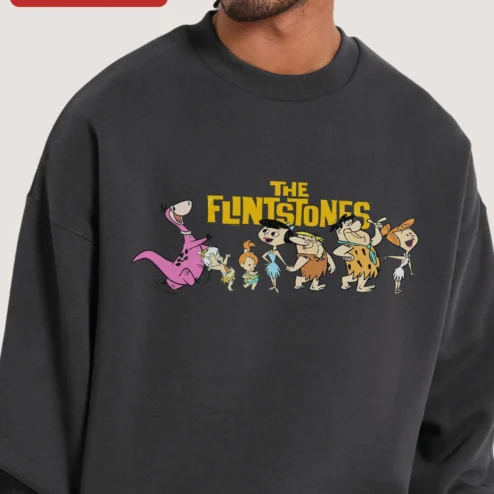 Customer in Chicago, Illinois wearing The Flintstones Vintage Crewneck Sweatshirt Retro Cartoon Graphic Pullover