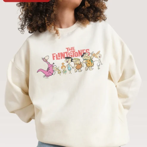 Close-up of The Flintstones Vintage Crewneck Sweatshirt Retro Cartoon Graphic Pullover for streetwear fans in Chicago, Illinois