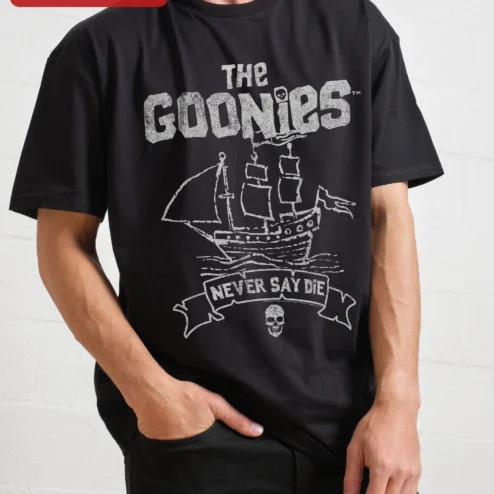 The Goonies Never Say Die Tee Vintage Distressed Skull Ship Graphic T-Shirt for Men Women 80s Movie Fan Gift