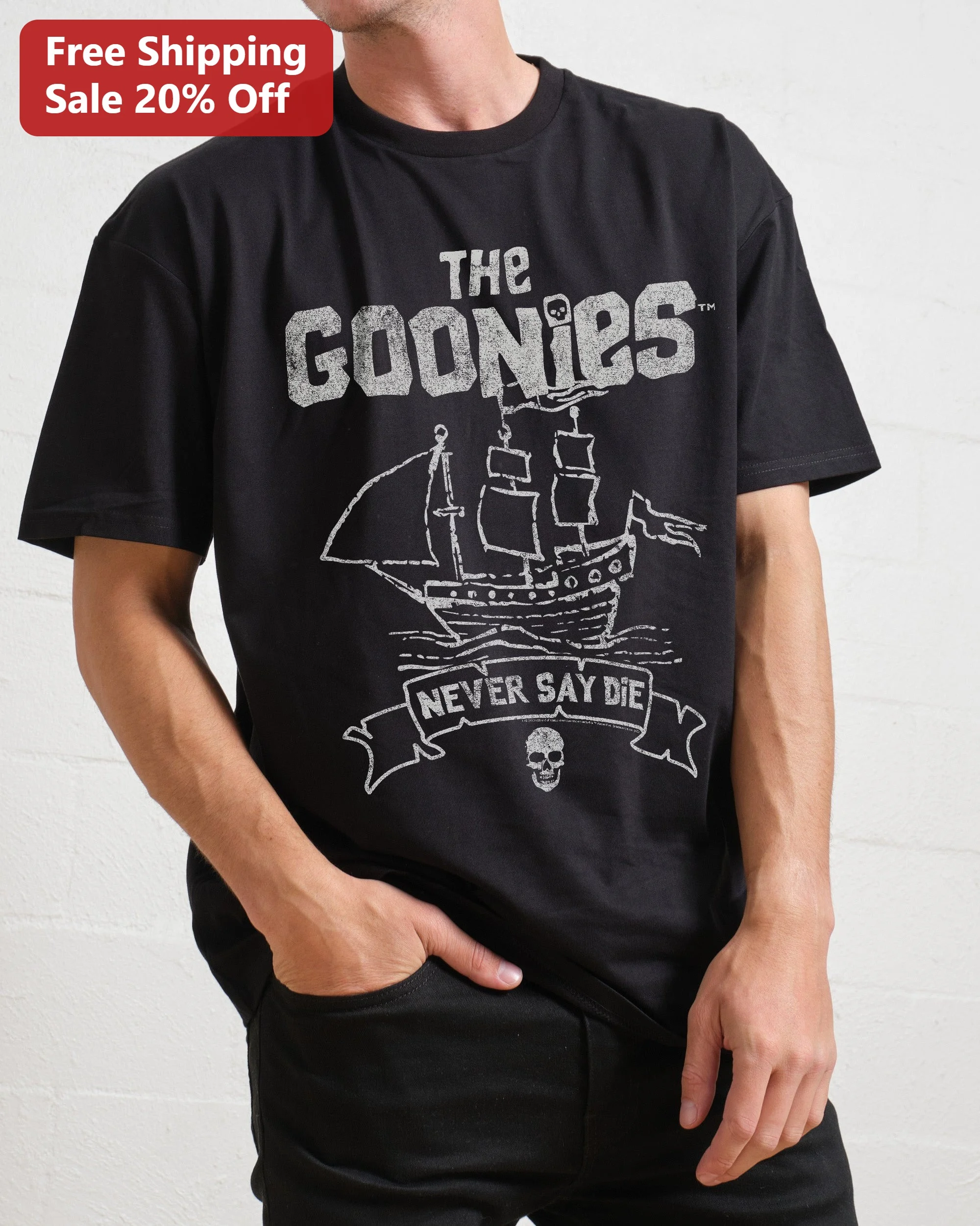 The Goonies Never Say Die Tee Vintage Distressed Skull Ship Graphic T-Shirt for Men Women 80s Movie Fan Gift