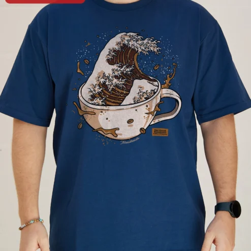 Customer in Chicago, Illinois wearing The Great Kanagawa Coffee Gushwave Tee Hokusai Art Mashup Graphic Shirt for Coffee Lovers