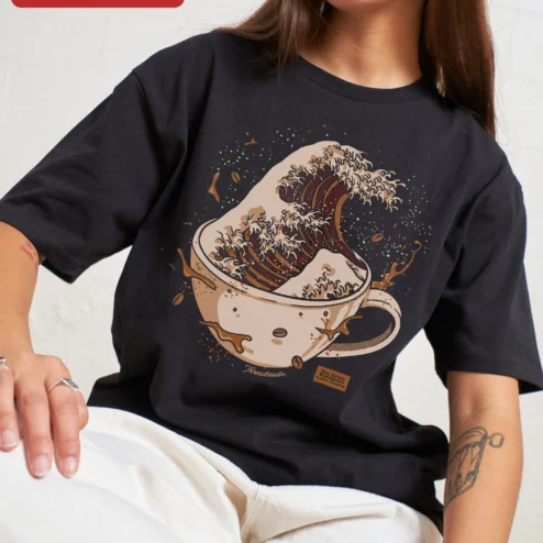 The Great Kanagawa Coffee Gushwave Tee Hokusai Art Mashup Graphic Shirt for Coffee Lovers available at our Chicago, Illinois warehouse