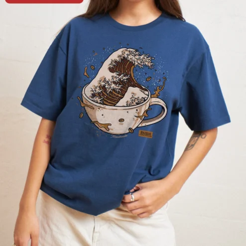 Customer in Chicago, Illinois wearing The Great Kanagawa Coffee Gushwave Tee Hokusai Art Mashup Graphic Shirt for Coffee Lovers
