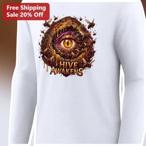 The Hive Awakens Long Sleeve Tee Cinematic Surreal Bee Swarm Dragon Eye Graphic Apparel