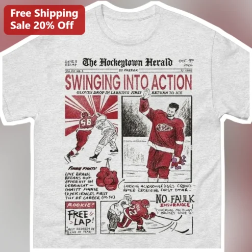 The Hockeytown Herald Tee Swinging Into Action Dylan Larkin Detroit Red Wings Vintage Newspaper Graphic Shirt
