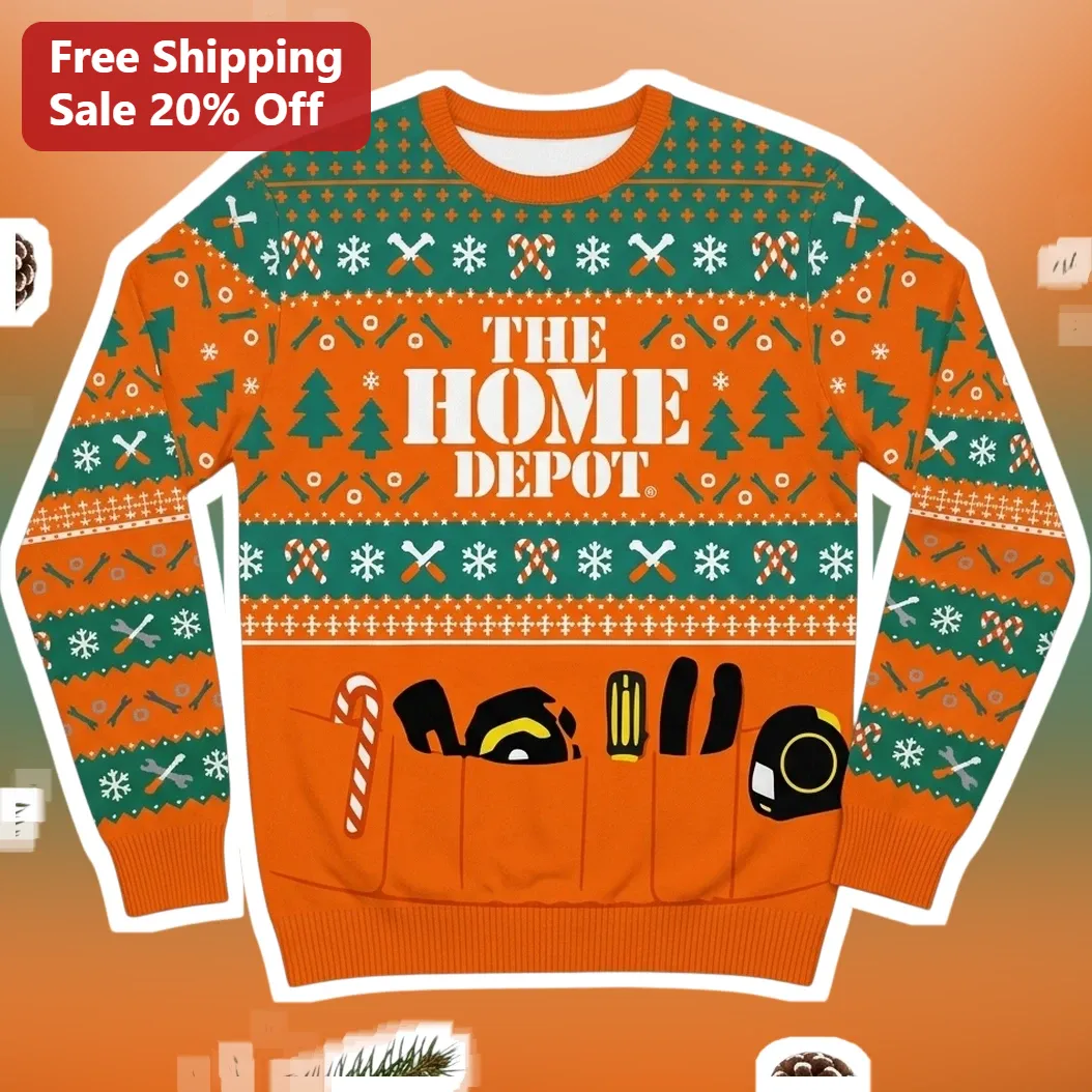 The Home Depot Ugly Christmas Sweater Crewneck Sweatshirt for Men DIY Contractor Holiday Gift