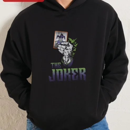 The Joker Hoodie Vintage Distressed Playing Card Design DC Comics Villain Black Pullover