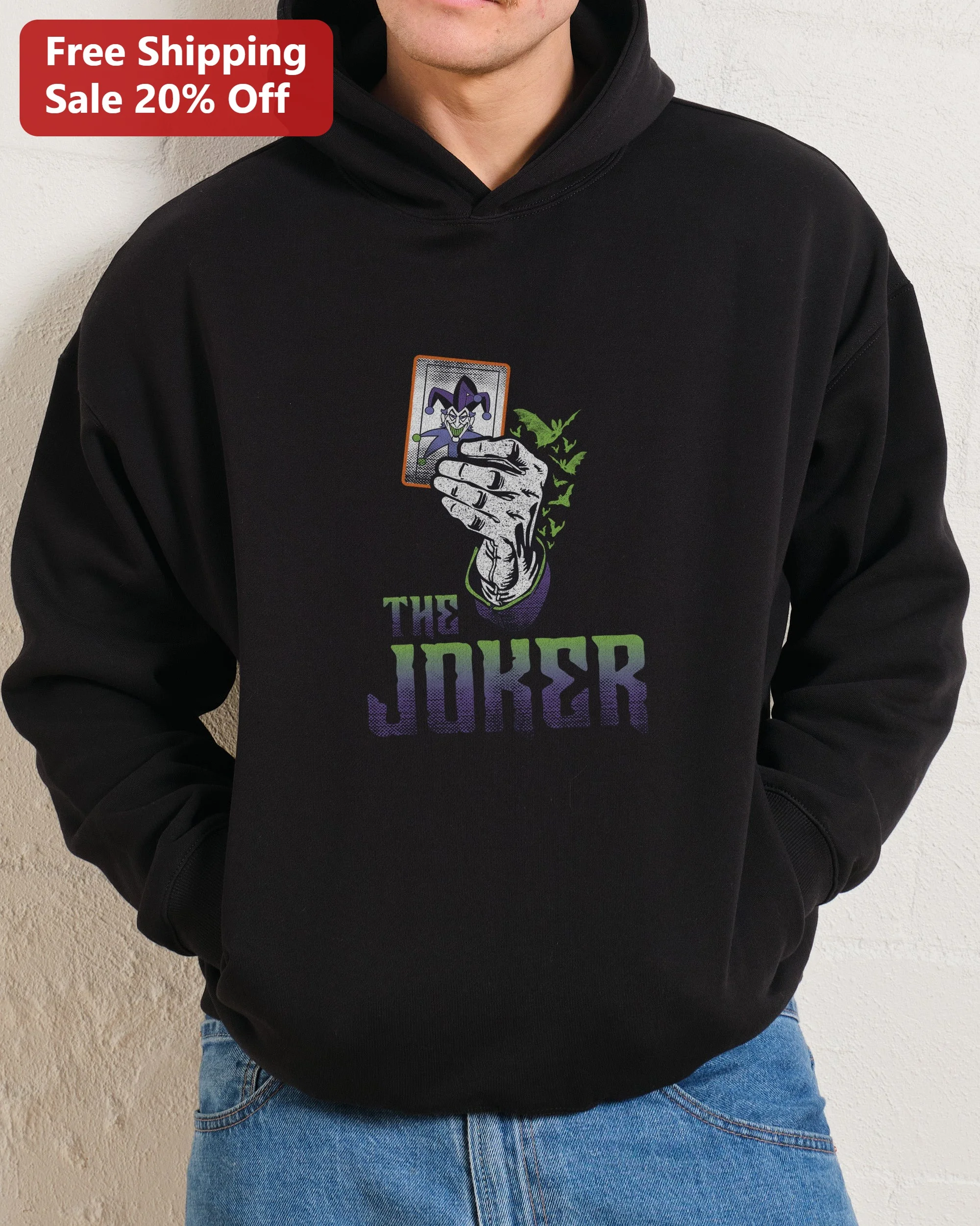 The Joker Hoodie Vintage Distressed Playing Card Design DC Comics Villain Black Pullover
