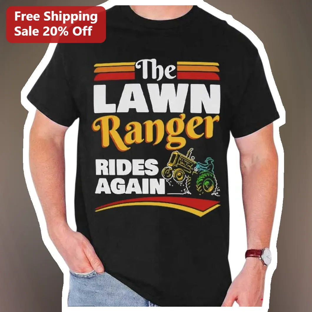 The LAWN Ranger RIDES AGAIN Funny Lawn Mowing Vintage Retro Sunset Tee