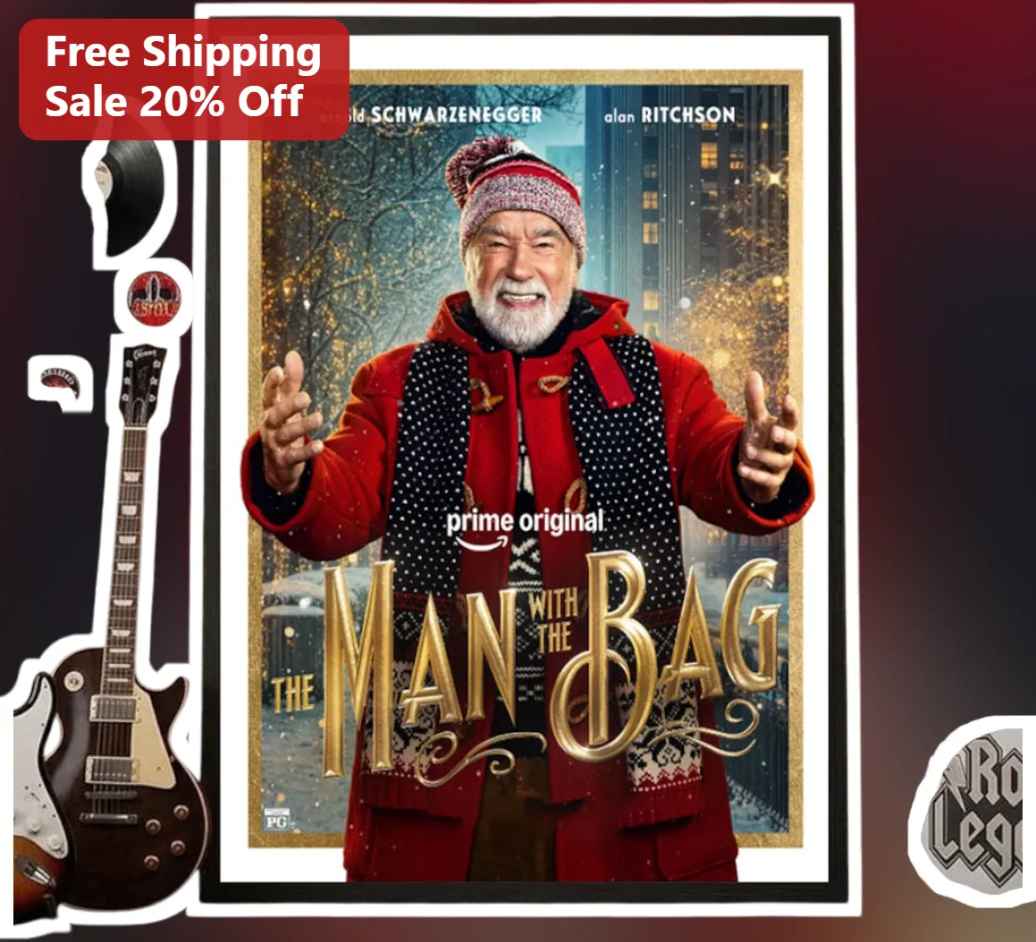 The Man with the Bag Poster Arnold Schwarzenegger Christmas Movie Art Print Holiday Gift Decor