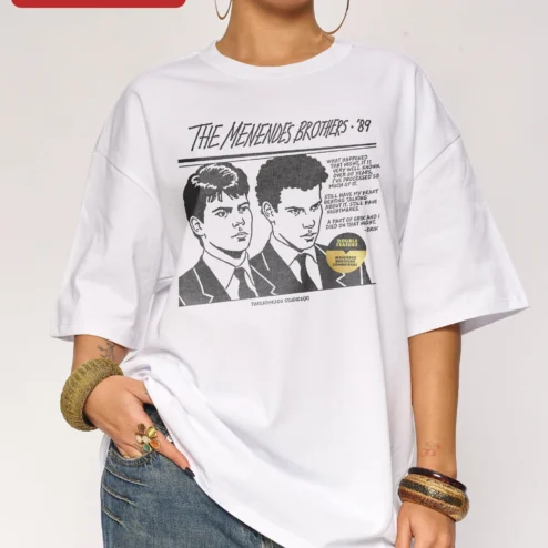 The Menendez Brothers '89 Tee What Happened That Night Vintage True Crime Graphic Shirt on a hanger, ready to ship from Chicago, Illinois