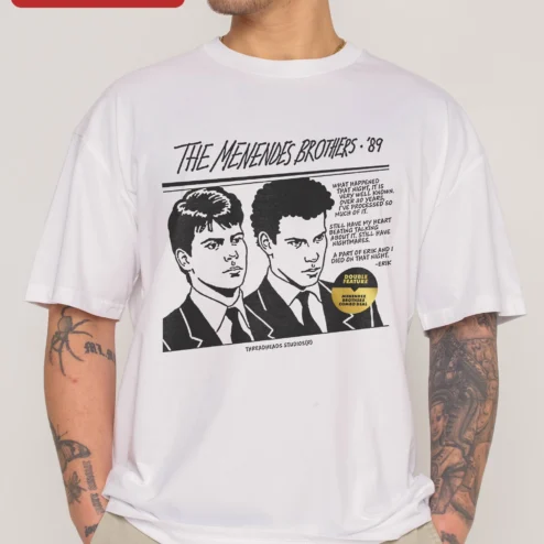 The Menendez Brothers '89 What Happened That Night Tee Vintage True Crime Documentary Graphic Shirt on a hanger, ready to ship from Chicago, Illinois