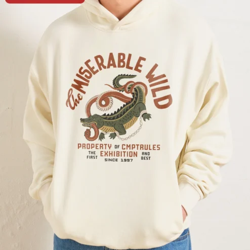 The Miserable Wild Property of CMPTRULES Exhibition Hoodie Vintage Croc Graphic Pullover on a hanger, ready to ship from Chicago, Illinois