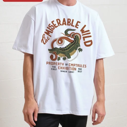 The Miserable Wild Property of CMPTRULES Vintage Crocodile Graphic Tee on a hanger, ready to ship from Chicago, Illinois