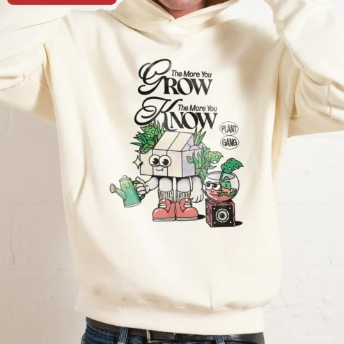 The More You Grow The More You Know Plant Gang Hoodie Retro Cartoon Gardening Gift for Plant Lovers on a hanger, ready to ship from Chicago, Illinois
