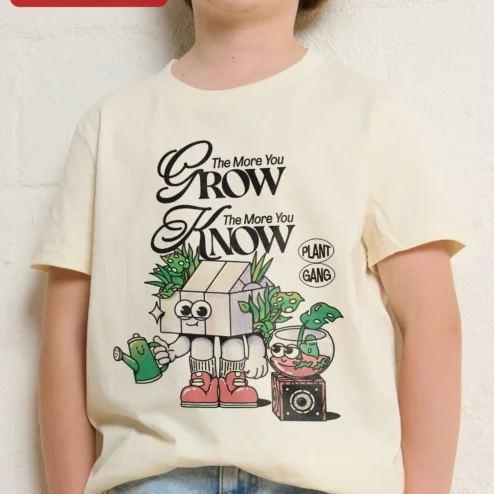 The More You Grow The More You Know Plant Gang Kids Tee Retro Cartoon Gardening Shirt