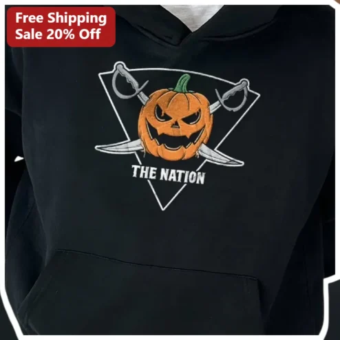 THE NATION Hoodie Halloween Pumpkin Sword Graphic Unisex Streetwear Apparel available at our Chicago, Illinois warehouse