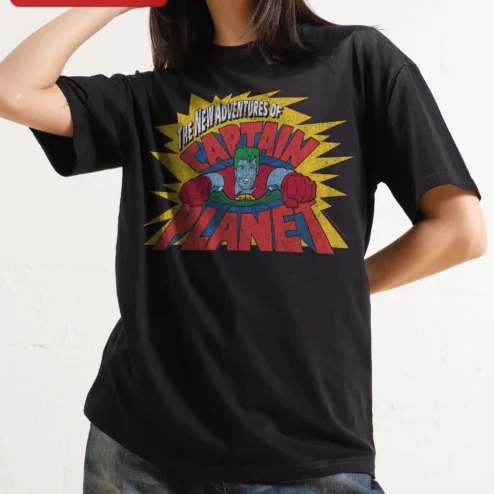 The New Adventures of Captain Planet Graphic Tee Retro 90s Cartoon Shirt on a hanger, ready to ship from Chicago, Illinois