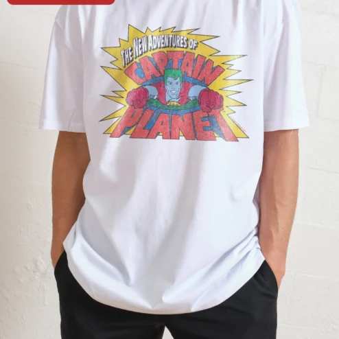 Close-up of The New Adventures of Captain Planet Graphic Tee Retro 90s Cartoon Shirt for streetwear fans in Chicago, Illinois