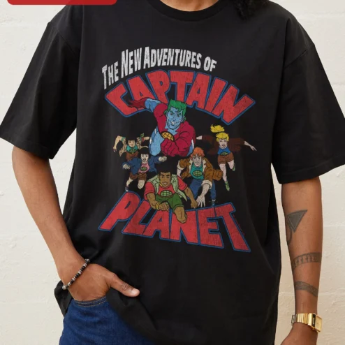 The New Adventures of Captain Planet Tee Retro 90s Cartoon Graphic Shirt on a hanger, ready to ship from Chicago, Illinois