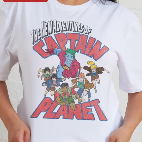 Close-up of The New Adventures of Captain Planet Tee Retro 90s Cartoon Graphic Shirt for streetwear fans in Chicago, Illinois