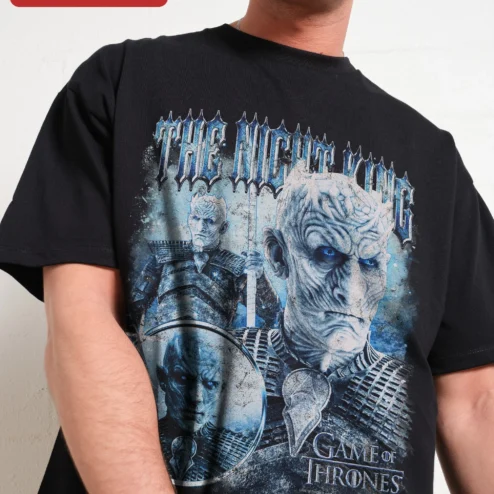 The Night King Game of Thrones Tee Vintage Distressed White Walker Graphic Shirt for Fantasy Fans on a hanger, ready to ship from Chicago, Illinois