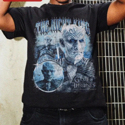 The Night King Game of Thrones Vintage Distressed Graphic Tee on a hanger, ready to ship from Chicago, Illinois