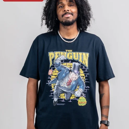 Close-up of The Penguin Is Back Deadlier Than Ever Vintage Comic Tee DC Batman Villain Shirt for streetwear fans in Chicago, Illinois