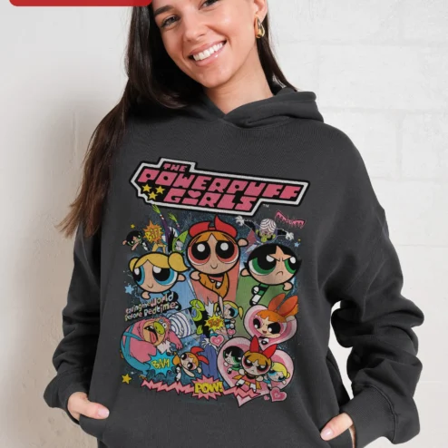 The Powerpuff Girls Saving The World Before Bedtime Hoodie Blossom Bubbles Buttercup Cartoon Network on a hanger, ready to ship from Chicago, Illinois