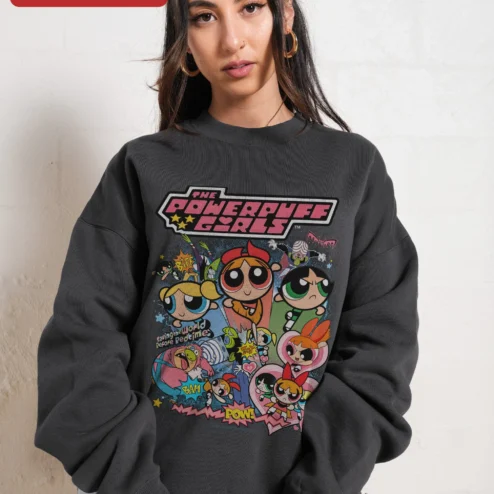 The Powerpuff Girls Saving The World Before Bedtime Sweatshirt Blossom Bubbles Buttercup Retro Carto on a hanger, ready to ship from Chicago, Illinois
