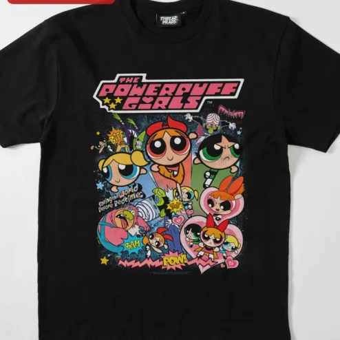 Close-up of The Powerpuff Girls Saving the World Before Bedtime Tee Blossom Bubbles Buttercup Retro Cartoon Gift for streetwear fans in Chicago, Illinois