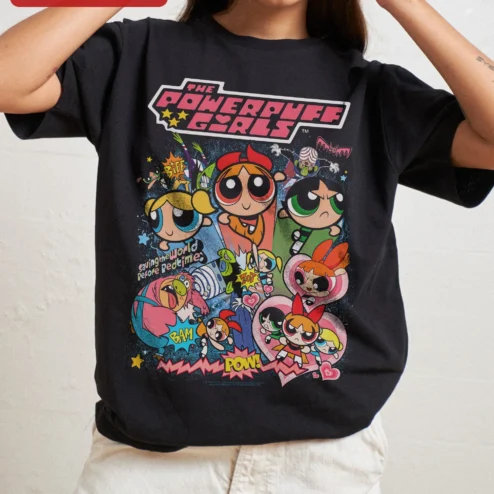 Customer in Chicago, Illinois wearing The Powerpuff Girls Saving the World Before Bedtime Tee Blossom Bubbles Buttercup Retro Cartoon Gift