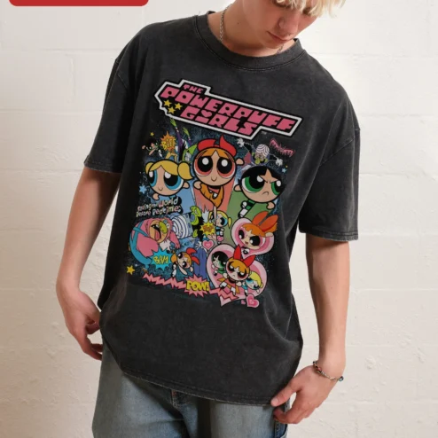 The Powerpuff Girls Vintage Wash Tee Blossom Bubbles Buttercup Cartoon Character Collage Graphic Shirt Y2K Nostalgia Gift